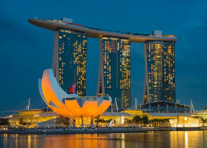 Nighttime cityscape tour with gray architecture