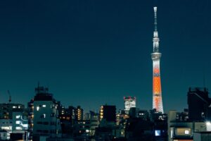 A stunning view of the Tokyo Skytree illuminated in the city skyline at night.